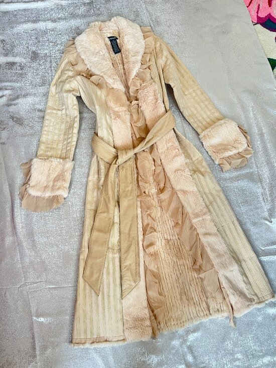 bebe Jackets & Blazers - Bebe cream Silk  coat with leather belt